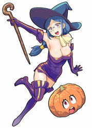  alternate_costume blue_hair breasts cleavage commentary_request deneb_rove dress elbow_gloves female glasses gloves hat jack-o&#039;-lantern kagari_atsuko large_breasts little_witch_academia long_hair open_mouth pink_eyes pumpkin red_eyes scarf staff strapless strapless_dress tactics_ogre thighhighs ueyama_michirou ursula_charistes witch_hat 