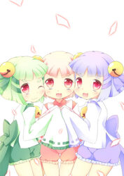  3girls :3 ;3 bell cheek-to-cheek commentary_request frills gen&#039;ei_wo_kakeru_taiyou girl_sandwich green_hair hair_bell hair_ornament heads_together highres kt_cano multiple_girls one_eye_closed pink_hair purple_hair red_eyes ribbon ribbon-trimmed_sleeves ribbon_trim sandwiched short_hair shorts siblings sisters sleeves_past_wrists smile tendou_mutsuki tendou_mutsumi tendou_nanase twins 