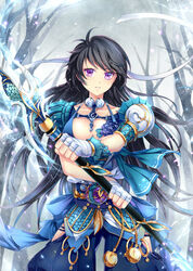  armor black_hair chinese_commentary commentary_request dkaki fantasy female glaive_(polearm) long_hair original polearm purple_eyes solo weapon 