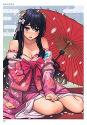  :d absurdres animal_ears bare_shoulders black_hair blue_eyes blush breasts cherry_blossoms cleavage collarbone egasumi female fingernails floral_print hair_ornament highres homunculus_(alchemynote) japanese_clothes kimono looking_at_viewer medium_breasts obi off_shoulder oil-paper_umbrella open_mouth parted_lips petals sash scan sitting sleeves_past_wrists smile solo tabi tail tiger_ears tiger_tail toranoana umbrella yokozuwari 