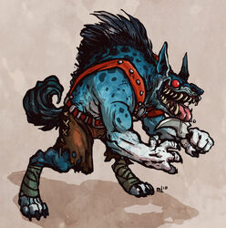  anthro belt biceps biped bodily_fluids bottomwear claws clothed clothing digitigrade fangs fur gnoll hunchback hyena male mammal markings muscular muscular_anthro muscular_male open_mouth pants raspberrymaggot red_eyes saliva simple_background solo spots spotted_hyena standing teeth toe_claws tongue tongue_out topless torn_clothing weapon 