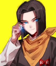  1boy android_17 black_hair black_shirt blue_eyes commentary_request dragon_ball dragon_ball_z earrings glowing glowing_eyes hand_in_own_hair jewelry kameno_(nameko_ziru_n) kerchief long_sleeves looking_away male_focus red_ribbon_army shirt simple_background smile solo upper_body yellow_background 