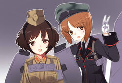  2girls akiyama_yukari bad_id bad_pixiv_id boelter_(milihime_taisen) bolter brown_eyes brown_hair cosplay dress_shirt girls_und_panzer gloves hat jacket long_sleeves looking_at_viewer mecha_musume milihime_taisen military military_uniform multiple_girls nishizumi_miho peaked_cap shirt short_hair side-by-side smile standing tama_(tamatamo) tarczay_(milihime_taisen) uniform weapon white_gloves white_shirt 