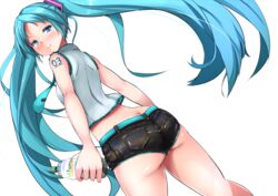  aqua_eyes aqua_hair ass belt blush bottle butt_crack denim denim_shorts from_behind hatsune_miku highres long_hair looking_back md5_mismatch midriff necktie short_shorts shorts simple_background smile solo sukesan twintails very_long_hair vocaloid white_background 