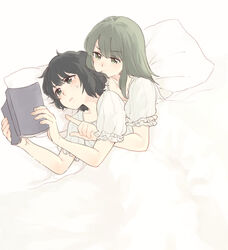  2girls :t bad_id bad_pixiv_id black_eyes black_hair book brown_eyes brown_hair commentary_request flowers_(innocent_grey) highres holding holding_book keiya lying medium_hair multiple_girls nightgown on_side open_book photoshop_(medium) pillow pointing pout short_hair spooning sweatdrop takasaki_chidori under_covers yaegaki_erika yuri 