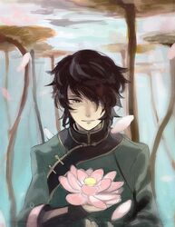  1boy black_hair chinese_clothes flower lie_ren lotus pink_eyes rwby smile sumanina underwater 