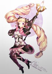  black_gloves blonde_hair boots bow character_name copyright_name dress elise_(fire_emblem_if) fire_emblem fire_emblem_if flower gloves hairbow hand_on_own_cheek heart high_heel_boots high_heels multicolored_hair namie-kun one_eye_closed purple_eyes purple_hair rose smile solo staff streaked_hair thigh_boots thighhighs twintails zettai_ryouiki 