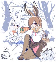  2girls alpha_signature animal_ears arctic_hare_(kemono_friends) binoculars book breasts brown_footwear brown_hair brown_legwear brown_skirt buttons capelet center_frills commentary day double-breasted eating european_hare_(kemono_friends) food food_on_face frills fur_collar fur_trim gradient_hair hair_over_one_eye high-waist_skirt japari_bun kemono_friends kneeling large_breasts long_hair long_sleeves looking_at_viewer mittens multicolored_hair multiple_girls outdoors pantyhose rabbit_ears rabbit_tail red_eyes seiza shirt signature sitting skirt smile snow tail translated tree underbust very_long_hair white_hair white_legwear white_mittens white_shirt yoshida_hideyuki 