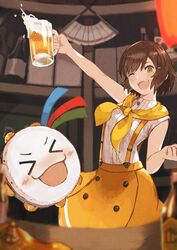  &gt;_&lt; 1boy :d alcohol beer beer_bottle blackball blush brown_hair buttons commentary cup female folding_fan green_eyes hand_fan holding holding_cup indie_virtual_youtuber instrument kashiko_mari lantern mole mole_under_eye mug one_eye_closed open_mouth pandy_(kashiko_mari) paper_lantern scarf short_hair skirt sleeveless smile suspender_skirt suspenders sweater tambourine teeth virtual_youtuber white_sweater xd yellow_scarf yellow_skirt 