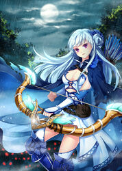  armor arrow_(projectile) blue_hair bow_(weapon) breasts chinese_commentary cleavage commentary_request dkaki fantasy female full_moon greaves long_hair medium_breasts moon original quiver solo weapon 