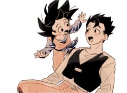  2boys :d belt black_hair brothers commentary_request dougi dragon_ball dragon_ball_z happy kameno_(nameko_ziru_n) long_sleeves looking_at_another male_focus martial_arts_belt multiple_boys open_mouth outstretched_arms pants shirt short_hair siblings simple_background smile son_gohan son_goten spiked_hair waistcoat white_background white_shirt 