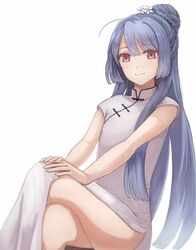  1boy blue_hair china_dress chinese_clothes commentary_request crossdressing crossed_legs dress hirayama_ityu i-chu kagurazaka_runa long_hair male_focus otoko_no_ko purple_eyes side_slit simple_background solo white_background 