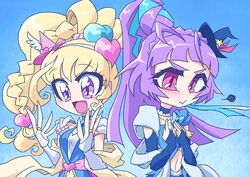  2girls :d :t absurdres ahoge asahina_mirai black_hat blonde_hair braid bridal_gauntlets choker commentary_request cure_magical cure_magical_(sapphire_style) cure_miracle cure_miracle_(sapphire_style) hair_ornament hat heart heart_hair_ornament highres izayoi_liko magical_girl mahou_girls_precure! mini_hat mini_witch_hat multiple_girls navel open_mouth otokamu pink_hat precure purple_eyes purple_hair smile upper_body witch_hat 