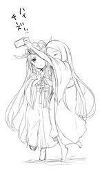  amaterasu_(p&amp;d) barefoot cellphone double_v female headpiece japanese_clothes leg_up long_hair long_sleeves monochrome phone pikomarie puzzle_&amp;_dragons sandals self_shot simple_background smartphone tiptoes twintails v white_background wide_sleeves yomi_(p&amp;d) 