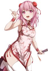  :d armpits bad_id bad_twitter_id bang_dream! bare_arms bare_shoulders black_footwear breasts bun_cover china_dress chinese_clothes cleavage commentary_request cowboy_shot double_bun dress female folded_fan folding_fan frilled_cuffs hair_bun hair_ornament hand_fan hand_up highres holding holding_fan index_finger_raised leg_up long_hair looking_at_viewer maruyama_aya medium_breasts narafume open_mouth pelvic_curtain pink_eyes pink_hair side_slit simple_background sleeveless sleeveless_dress smile solo standing standing_on_one_leg taut_clothes teeth thighhighs thighs upper_teeth_only white_background white_dress white_thighhighs wrist_cuffs 