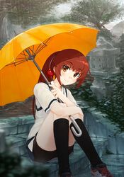  black_socks blush brown_eyes brown_hair female hair_ornament head_tilt hugging_own_legs kawakami_academy_school_uniform kawakami_kazuko kneehighs long_hair looking_at_viewer maji_de_watashi_ni_koi_shinasai! orz_(orz57) outdoors ponytail rain school_uniform shoes sitting sitting_on_stairs smile sneakers socks solo stairs umbrella 