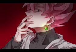  1boy commentary_request dougi dragon_ball dragon_ball_super earrings fingernails goku_black grey_eyes hand_on_own_chin jewelry kameno_(nameko_ziru_n) long_sleeves male_focus pink_hair potara_earrings red_background ring simple_background solo spiked_hair super_saiyan super_saiyan_rose 