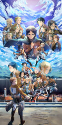  6+boys 6+girls absurdres annie_leonhart aquiline_nose armin_arlert auruo_bossard bertolt_hoover cape commentary_request connie_springer emblem erd_gin eren_yeager erwin_smith everyone garrison_regiment_(emblem) gunter_shulz hange_zoe highres jean_kirstein krista_lenz levi_(shingeki_no_kyojin) marco_bott mikasa_ackerman mike_zakarius military_police_brigade_(emblem) multiple_boys multiple_girls ootsuya paradis_military_uniform petra_ral reiner_braun sasha_blouse shingeki_no_kyojin sky survey_corps_(emblem) sword three-dimensional_maneuver_gear weapon ymir_(shingeki_no_kyojin) 