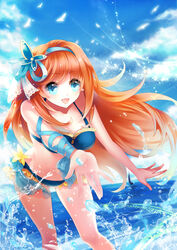  bikini blue_bikini blue_eyes boat bug butterfly chinese_commentary commentary_request dkaki female hair_ornament long_hair ocean orange_hair original outdoors ribbon sailboat solo splashing swimsuit water watercraft 