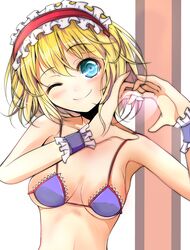  absurdres alice_margatroid bad_id bad_pixiv_id bikini blonde_hair blue_eyes breasts collarbone female hairband heart heart_hands highres lolita_hairband looking_at_viewer medium_breasts micro_bikini one_eye_closed purple_bikini smile solo swimsuit touhou underboob upper_body velia wrist_cuffs 