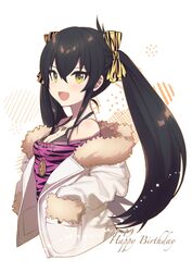  animal_print bare_shoulders black_bra black_hair blush bra breasts commentary dated eyelashes female fur-trimmed_jacket fur_trim haikimono_shounen hair_between_eyes hair_ribbon hands_in_pockets happy_birthday heart heart_necklace idolmaster idolmaster_cinderella_girls jacket jewelry long_hair looking_at_viewer matoba_risa necklace open_clothes open_jacket open_mouth pink_shirt print_ribbon ribbon shirt simple_background smile solo symbol-only_commentary tiger_print twintails underwear white_background white_jacket 