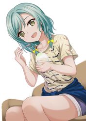  :d aqua_hair bad_id bad_twitter_id bang_dream! blue_shirt bow braid clothes_around_waist collarbone commentary_request eating female food green_eyes hairbow highres hikawa_hina holding holding_spoon narafume open_mouth print_shirt shaved_ice shirt shirt_around_waist short_hair shorts side_braids sitting smile solo spoon white_background yellow_bow yellow_shirt 