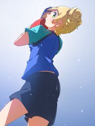  alternate_hairstyle blonde_hair double_bun green_eyes lillie_(pokemon) pokemon_sm_(anime) satoshi_(pokemon)_(cosplay) tennis_uniform 