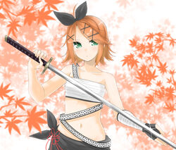  autumn_leaves bandages bare_shoulders blonde_hair blush bow collarbone commentary_request female fingerless_gloves gloves green_eyes hairbow heat_haze_(module) highres holding holding_weapon iroha_uta_(vocaloid) kagamine_rin looking_at_viewer navel nemuri_oto_yume outdoors project_diva_(series) project_diva_extend sarashi short_hair sky standing strap sword vocaloid weapon 