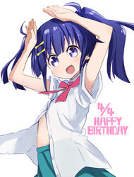  :d abe_kanari armpit_peek arms_up blue_hair blush bow commentary_request dated female green_skirt hairbow happy_birthday kusanagi_yuma looking_at_viewer open_mouth partially_unbuttoned photoshop_(medium) pleated_skirt purple_eyes shirt short_sleeves simple_background skirt smile solo soushin_shoujo_matoi twintails white_background white_shirt yellow_bow 