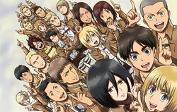  6+boys 6+girls akatuki-mg angel annie_leonhart aquiline_nose armin_arlert auruo_bossard bad_id bad_pixiv_id beard belt bertolt_hoover black_eyes black_hair blonde_hair blouse blue_eyes brown_hair connie_springer eating emblem erd_gin eren_yeager erwin_smith everyone facial_hair food glasses goggles green_eyes grey_eyes grey_hair gunter_shulz halo hange_zoe jacket jean_kirstein krista_lenz levi_(shingeki_no_kyojin) long_hair looking_at_viewer marco_bott mikasa_ackerman mike_zakarius multiple_boys multiple_girls official_style paradis_military_uniform petra_ral ponytail potato reiner_braun sasha_blouse scarf shingeki_no_kyojin shirt short_hair smile spoilers survey_corps_(emblem) sweatdrop uniform yellow_eyes ymir_(shingeki_no_kyojin) 