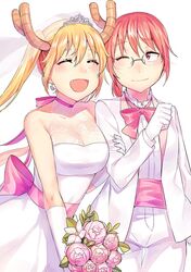  2girls :d arm_hug bad_id bad_twitter_id bare_shoulders blonde_hair blush bouquet breasts bridal_veil bride cleavage closed_eyes commentary dragon_horns dress earrings elbow_gloves flower glasses gloves groom horns jewelry kobayashi-san_chi_no_maidragon kobayashi_(maidragon) large_breasts multiple_girls oerba_yun_fang one_eye_closed open_mouth pink_flower red_eyes red_hair smile strapless strapless_dress symbol-only_commentary tiara tiny_(tini3030) tohru_(maidragon) tuxedo twintails veil wedding_dress white_gloves wife_and_wife yuri 