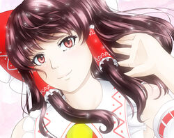  ascot blush bow brown_hair closed_mouth commentary_request detached_sleeves female frilled_bow frills hair_tubes hairbow hakurei_reimu hand_in_own_hair head_tilt light long_hair looking_at_viewer ototarou photoshop_(medium) pink_background red_eyes ribbon-trimmed_sleeves ribbon_trim sideways_glance smile solo sparkle touhou upper_body 