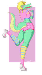  absurd_res alligator alligatorid anthro ass biped blonde_hair bottomwear bratty_(undertale) clothing crocodilian female footwear hair hi_res legwear mehdrawings pink_sclera reptile scalie shoes shorts smile socks solo undertale undertale_(series) 