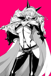  breasts chaps cloak color_background earrings female fringe hair_over_eyes horns huge_breasts impel_down jewelry jii leather licking long_hair long_sleeves monochrome nail_polish navel one_piece pink_background sadi-chan saliva shiny shiny_clothes skin_tight solo standing tongue underboob whip 