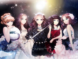  5girls copyright_name disco_ball dress earring earrings female flower girls&#039;_generation green_eyes hair_ornament jewelry k-pop long_hair looking_at_viewer multiple_girls pantyhose patterned_legwear ring shining shiny shiny_clothes sitting skirt smile sooyoung_(girls&#039;_generation) standing sword taeyeon_(girls&#039;_generation) the_boys tiara tiffany_(girls&#039;_generation) weapon yoona_(girls&#039;_generation) yuri_(girls&#039;_generation) 