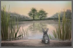  2016 ambiguous_gender border eosfoxx feral fur grey_body grey_border grey_fur lagomorph leporid mammal outside paint plant pond rabbit solo tail tree 