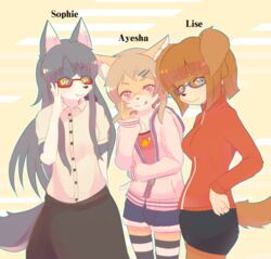  anthro black_hair blue_eyes canid canine clothed clothing eyewear felid female fur glasses group hair kakuteki11029 kemono looking_at_viewer mammal red_eyes smile tongue tongue_out yellow_eyes 