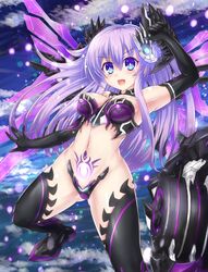  :d bandeau bare_shoulders blue_eyes breasts cleavage commentary_request cowboy_shot crotch_plate elbow_gloves female gloves hair_ornament highres kazuneko_(wktk1024) long_hair mechanical_wings medium_breasts midriff navel nepnep_connect:_chaos_chanpuru neptune_(series) open_mouth outdoors pubic_tattoo purple_hair purple_sister purple_sister_(chaos_form) revealing_clothes revision smile solo stomach strapless symbol-shaped_pupils tattoo thighhighs v-shaped_eyebrows wings 