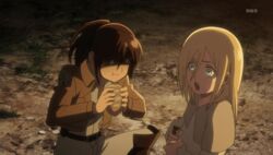  animated animated blonde_hair blue_eyes bottle bread christa_renz eating food lowres sasha_braus sasha_browse scared shingeki_no_kyojin surprised talking 