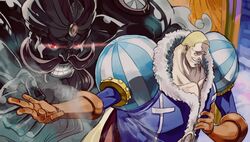  1boy beard blonde_hair cape charlotte_daifuku commentary_request earrings facial_hair fur_trim gloves highres jewelry korean_commentary living_(pixiv5031111) male_focus moustache one_piece red_eyes solo teeth turban 