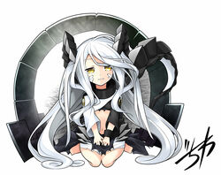  chibi commentary_request dragon_girl dragon_horns dragon_tail female firemu gochiwa highres horns knees_together_feet_apart long_hair long_sleeves navel puzzle_&amp;_dragons sitting smile solo tail very_long_hair white_hair yellow_eyes 