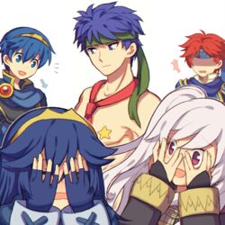  2girls 3boys ancestor_and_descendant armor blue_eyes blue_hair blush cape commentary cosplay donkey_kong donkey_kong_(cosplay) donkey_kong_(series) embarrassed fire_emblem fire_emblem:_mystery_of_the_emblem fire_emblem:_path_of_radiance fire_emblem:_radiant_dawn fire_emblem:_the_binding_blade fire_emblem_awakening gloves headband hood ike_(fire_emblem) long_hair lucina_(fire_emblem) marth_(fire_emblem) multiple_boys multiple_girls nude open_mouth red_hair robin_(female)_(fire_emblem) robin_(fire_emblem) roy_(fire_emblem) short_hair smile star_(symbol) super_smash_bros. tiara twintails white_hair wusagi2 