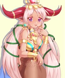  :p animal_ears ankh armlet bangle bare_shoulders blush bracelet bracer breasts circlet cleavage commentary_request cow_ears cow_girl cow_horns dark-skinned_female dark_skin egyptian female finger_to_mouth hair_ornament hathor_(p&amp;d) horn_ornament horn_ring horns jar jewelry jyukariko large_breasts long_hair necklace pink_hair purple_eyes puzzle_&amp;_dragons silhouette simple_background smile solo tongue tongue_out very_long_hair yellow_background 