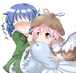  2girls ^^^ animal_ears biting biting_another&#039;s_tail blindfold blue_hair blush bound brown_dress brown_eyes commentary_request dress drooling fingernails fins hat head_fins japanese_clothes kikurage_(sugi222) kimono long_fingernails mermaid monster_girl multiple_girls mystia_lorelei nail_polish obi painttool_sai_(medium) pink_hair purple_nails sash surprised tail tied_up_(nonsexual) touhou wakasagihime wings 