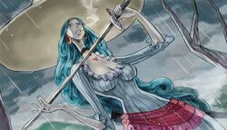  blue_hair breasts charlotte_amande cigarette cleavage commentary_request curly_hair earrings female green_eyes hat highres holding holding_sword holding_weapon jewelry korean_commentary large_breasts living_(pixiv5031111) long_hair one_piece rain smoke smoking solo sword tattoo teeth tree weapon 