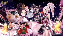  3girls black_dress black_hair black_skirt button_eyes buttons cherry_blossoms commentary_request detached_sleeves dress eyeshadow fingerless_gloves fingernails fire floral_print flower gloves green_eyes grey_eyes hair_bun hair_flower hair_ornament hakurou_(onmyoji) headdress high_ponytail highres holding kingyo_hime_(onmyoji) long_sleeves makeup multiple_girls night night_sky obi onmyoji outdoors petals pink_flower pink_gloves ponytail print_skirt red_ribbon red_skirt ribbon ribbon-trimmed_sleeves ribbon_trim rope sash shide shimenawa shirt single_hair_bun skirt sky sleeveless sleeveless_dress sleeveless_shirt torii ushi_no_toki_(onmyoji) white_hair white_shirt wide_sleeves yan_(nicknikg) yellow_eyes 