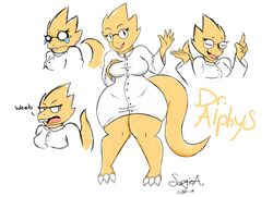  alphys anthro bodily_fluids breasts closed_eyes crying english_text eyewear female glasses hand_on_breast hi_res lizard mehdrawings non-mammal_breasts reptile scalie solo tears text thick_thighs undertale undertale_(series) 