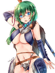  armor artist_name awakening_(sennen_sensou_aigis) bikini_armor blue_eyes breasts celia_(sennen_sensou_aigis) cocoa_(tama1201) commentary_request cowboy_shot female glasses green_hair highleg highleg_panties large_breasts long_hair navel panties polearm sennen_sensou_aigis solo underwear vambraces weapon white_background 