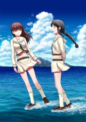  2girls afloat bad_id bad_pixiv_id black_eyes black_hair braid brown_eyes brown_hair cloud day island kantai_collection kitakami_(kancolle) kitakami_kai_ni_(kancolle) kneehighs loafers long_hair midriff midriff_peek multiple_girls navel ocean ooi_(kancolle) ooi_kai_ni_(kancolle) pleated_skirt school_uniform serafuku shoes skirt smile socks sumeragi_seisuke water 