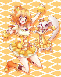  blonde_hair boots bow brown_eyes choker commentary_request cosplay creature cure_pine cure_pine_(cosplay) dress earrings female ferret fresh_precure! hair_ornament heart heart_hair_ornament jewelry magical_girl open_mouth orange_choker precure short_hair smile sumiosmith tart_(fresh_precure!) yamabuki_inori 